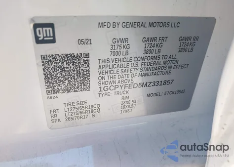 2021 Chevrolet Silverado 1500 4Wd Short Bed Lt Trail Boss из США, поврежденный, VIN 1GCPYFED5MZ331857